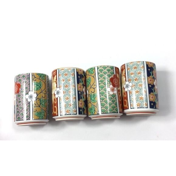 Oriental Teapot & 4 Tea Cups Green Red Blue Floral Gold Rattan Handle Home Decor - Picture 7 of 13